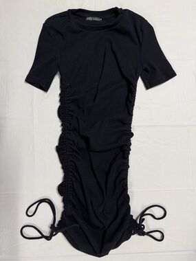 Zara Black Ruched Bodycon Dress with Side Ties Midi Short Sleeve S